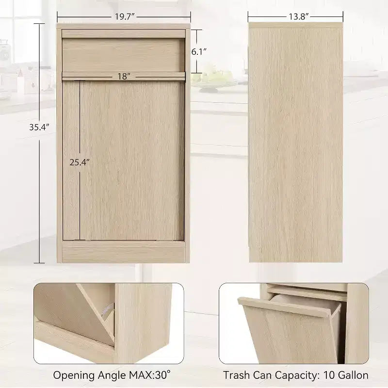 Pattumiera ribaltabile in rovere naturale, con vano contenitore e cassetto, mobile copripattumiera, cesto portabiancheria per cucina, sala da pranzo e soggiorno