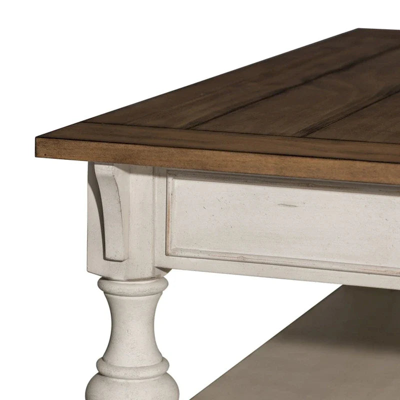 Table basse cocktail Morgan Creek blanc antique, accents brossés à fil ouvert couleur tabac