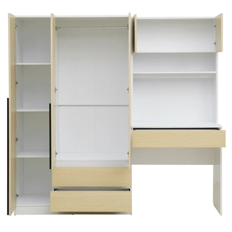 Armoire 3-en-1 avec coiffeuse et bureau, armoire de chambre avec 2 tiroirs et 3 portes de rangement