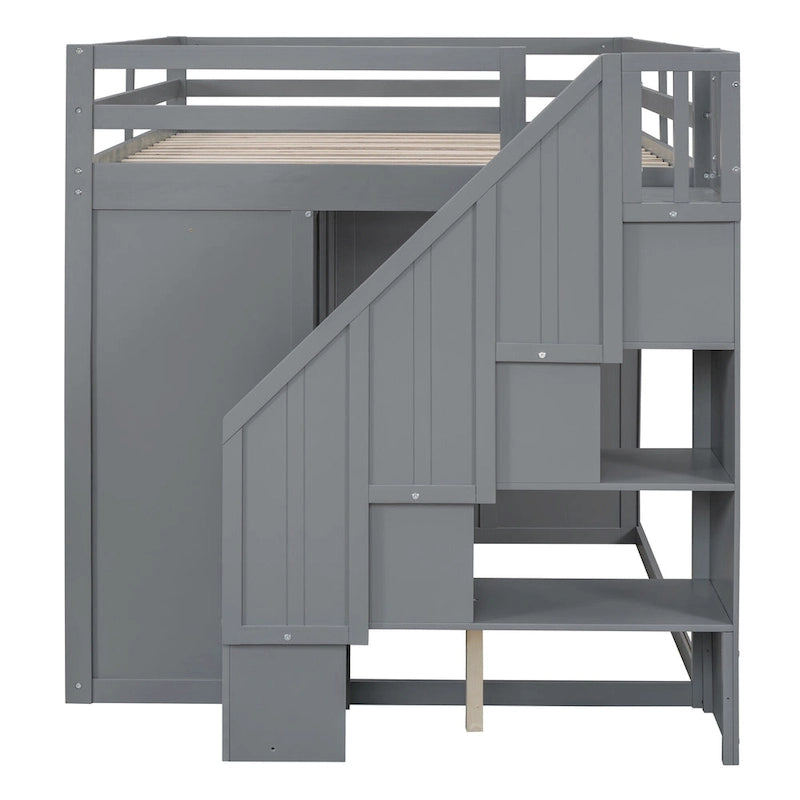 Lit mezzanine gris en bois, format double, avec penderies, tiroirs et escalier de rangement