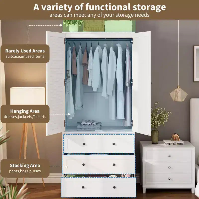 Armoire COZONY avec 3 tiroirs et 2 portes, armoire moderne en bois pour chambre, armoire blanche autoportante robuste