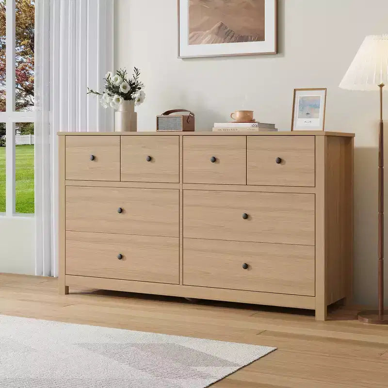 Commode moderne à 8 tiroirs pour chambre, large chiffonnier en bois avec rangement profond, meuble de rangement autoportant pour le salon