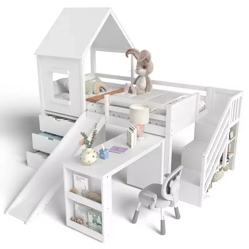 Einzel-Hochbett mit 3 Schubladen und Treppe mit Stauraum, Hausbett aus Holz mit Rutsche und abnehmbarem Schreibtisch