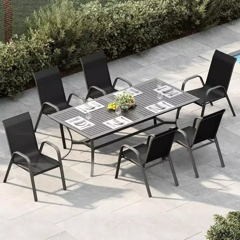 Chaises de patio, lot de 4/6 chaises de repas d’extérieur empilables et légères en textilène, toutes saisons, avec accoudoirs, pour la cour et le bord de la piscine