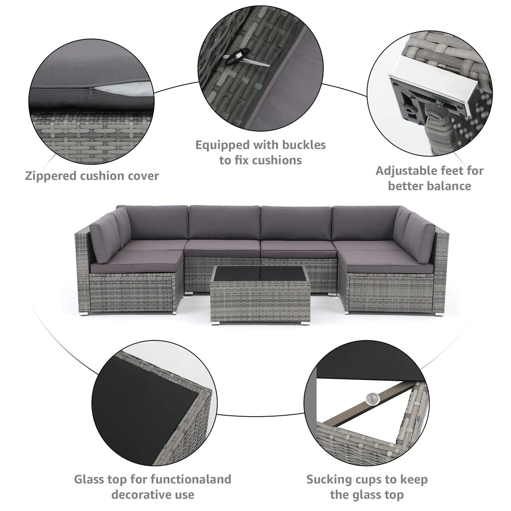 7-teiliges Outdoor-Ecksofaset aus Rattan und Stahl mit Kissen