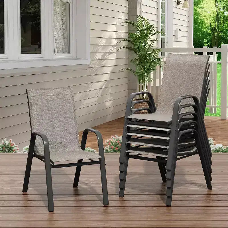 Chaises de patio, lot de 4/6 chaises de repas d’extérieur empilables et légères en textilène, toutes saisons, avec accoudoirs, pour la cour et le bord de la piscine