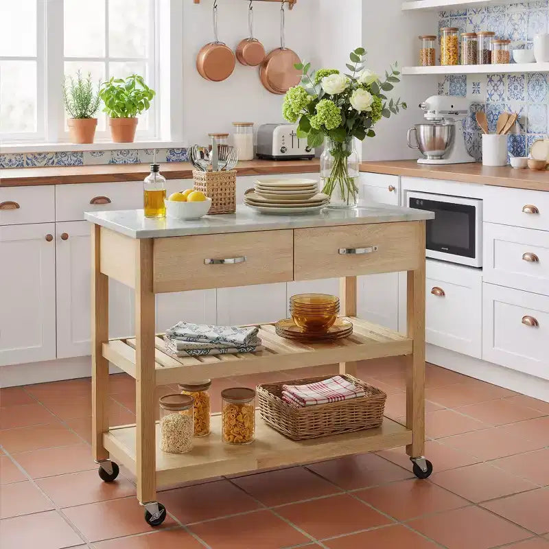 Verrijdbare keukentrolley met marmeren blad, kookeiland van massief hout met 2 lades, keukentrolley met 3 niveaus, vergrendelbare afneembare wielen en handdoekrek
