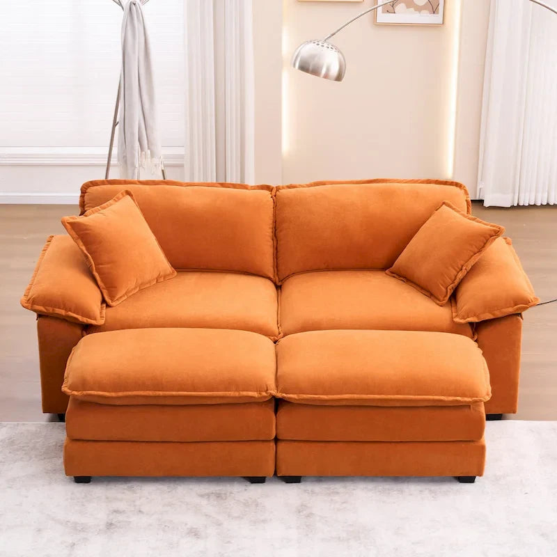 2-Sitzer-Sofa mit 2 Sitzkissen, 2 Kissen und 2 Hockern, bequemes Sofa - tiefes Sofa fürs Wohnzimmer, modulares Sofa