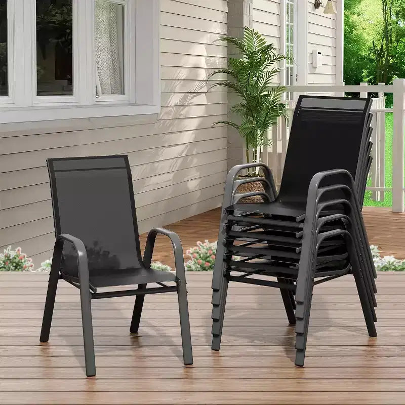 Chaises de patio, lot de 4/6 chaises de repas d’extérieur empilables et légères en textilène, toutes saisons, avec accoudoirs, pour la cour et le bord de la piscine