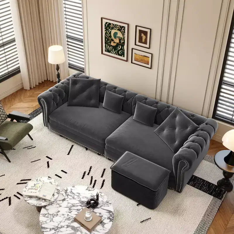 Canapé-lit convertible 3-en-1 Whisen en velours, format king size, avec pouf mobile, design capitonné