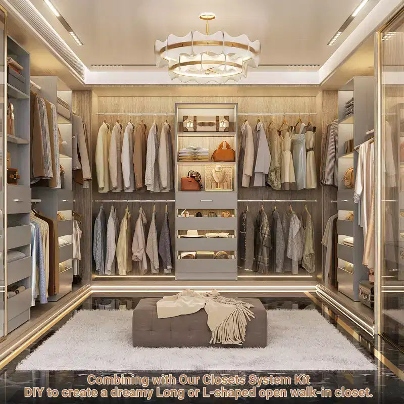 Système d'aménagement de dressing en bois Besiost de 4 à 9 pi avec 4 tiroirs, 4 tringles et des colonnes d'étagères