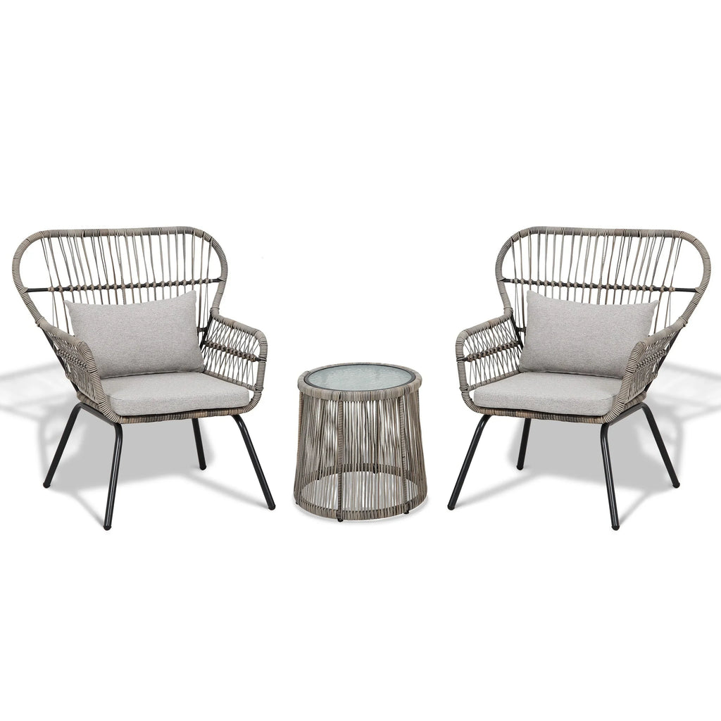 Ensemble bistro de jardin en osier de 3 pièces, ensemble de fauteuils de patio en rotin toutes saisons avec coussins