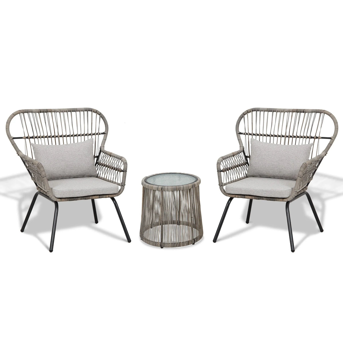 Ensemble bistro de jardin en osier de 3 pièces, ensemble de fauteuils de patio en rotin toutes saisons avec coussins
