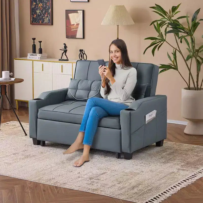 Gepolsterte, umwandelbare Schlafcouch mit Relaxfunktion aus Cat's-Claw-Leder, Kissen inklusive, für kleine Räume