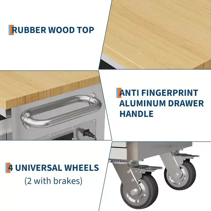 Coffre à outils de 72 pouces avec roulettes, établi de garage, plateau en bois d’hévéa massif et serrure à clé, armoire à outils mobile pour le rangement en atelier