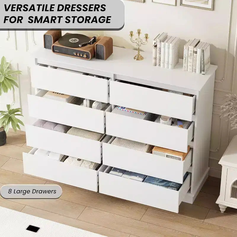 Mobile contenitore con 8 cassetti, cassettiera con cassetti profondi, ampio piano superiore e design largo, per soggiorno, corridoio o cameretta