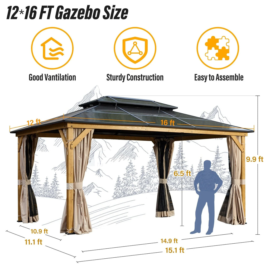 Gazebo EROMMY con tetto rigido, pergola da esterno con doppio tetto, rete e tende, copertura robusta per patio, giardino e feste in piscina