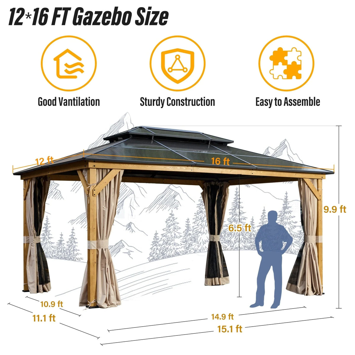 Gazebo EROMMY con tetto rigido, pergola da esterno con doppio tetto, rete e tende, copertura robusta per patio, giardino e feste in piscina