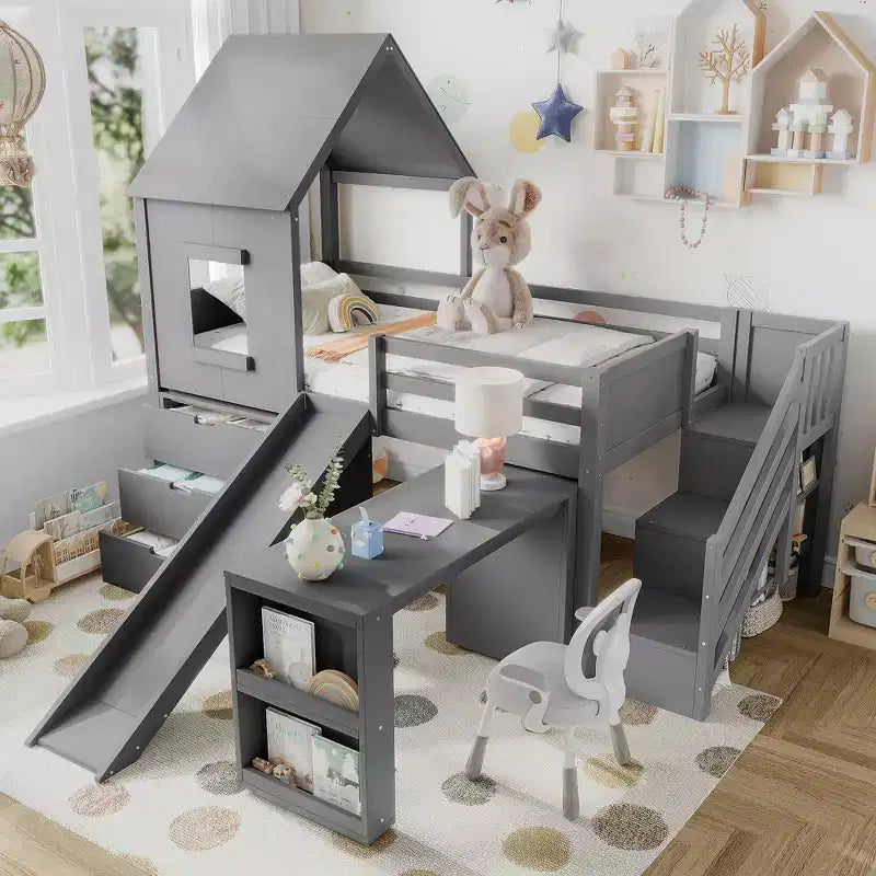 Einzel-Hochbett mit 3 Schubladen und Treppe mit Stauraum, Hausbett aus Holz mit Rutsche und abnehmbarem Schreibtisch