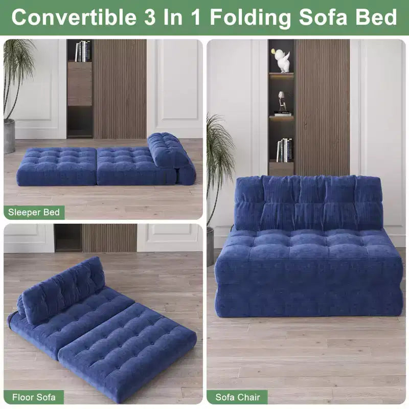 Futon pliant convertible en lit, format deux places, en velours côtelé, fauteuil-lit de sol avec coussin et soutien dorsal