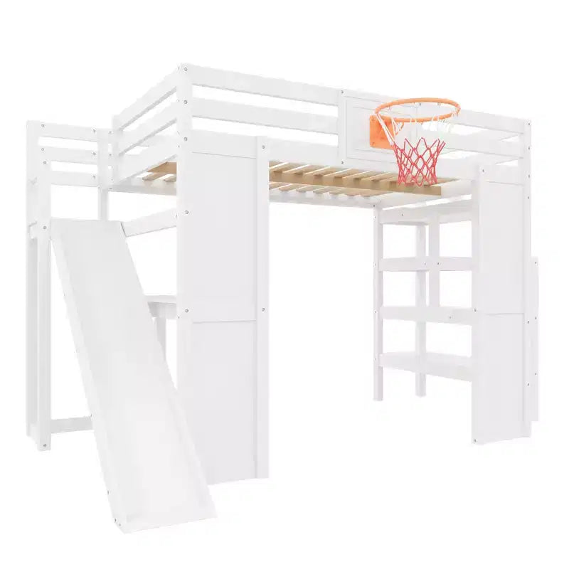 Lit mezzanine complet en bois Luxystar avec bureau, toboggan, panier de basket et escalier de rangement pour enfants et adolescents
