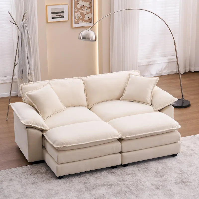 Canapé 2 places avec 2 coussins, 2 oreillers et 2 poufs, confortable - Canapé profond et modulable pour le salon