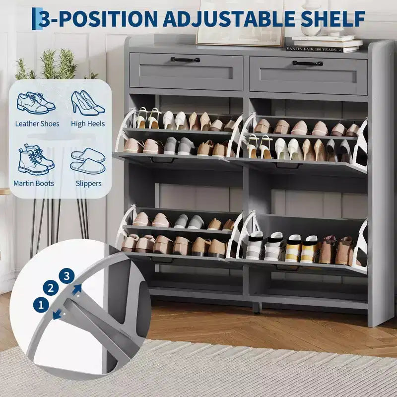 Schoenenkast met 4 klepdeuren en 2 bovenladen, houten schoenenkast met verstelbare plank, vrijstaand schoenenopbergmeubel