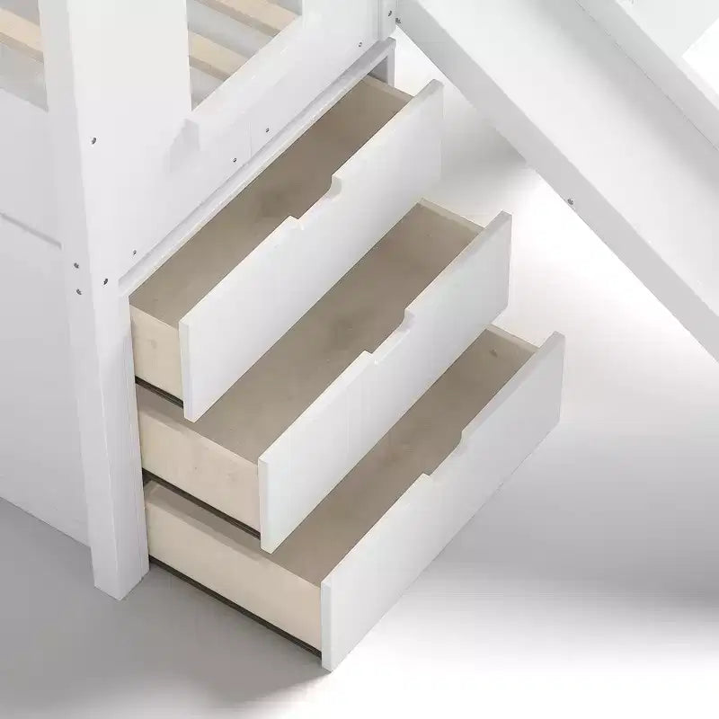 Einzel-Hochbett mit 3 Schubladen und Treppe mit Stauraum, Hausbett aus Holz mit Rutsche und abnehmbarem Schreibtisch