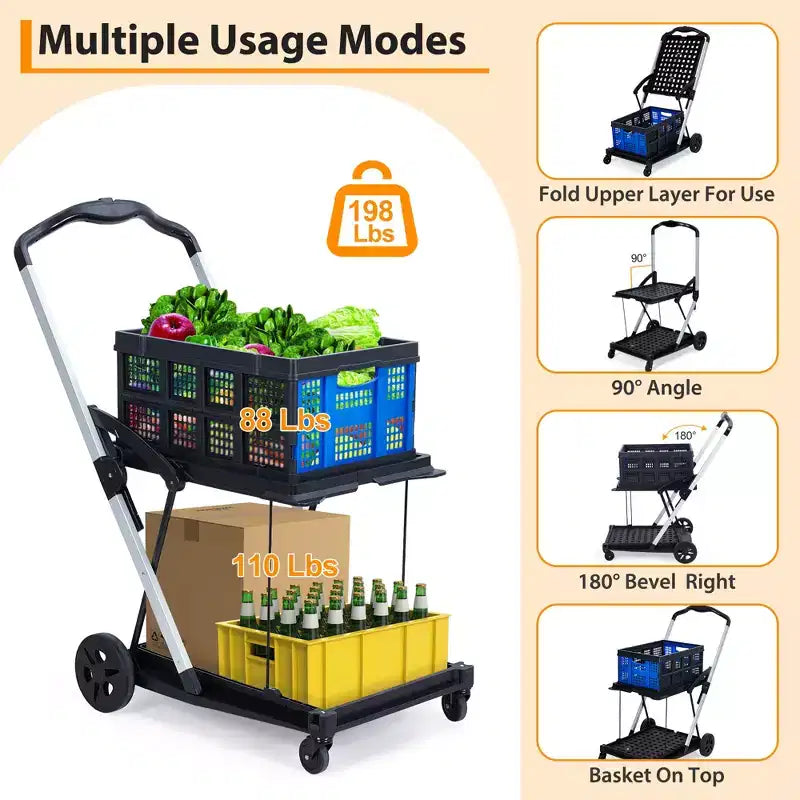 Chariot de courses pliant à 2 niveaux, capacité de 198 LB, chariot de courses portable pliable avec roues et caisse amovible pour centre commercial et marché, bleu