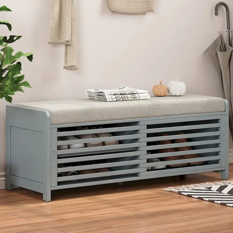 Banc de rangement en bois massif de 43.30 pouces avec persiennes vieillies contemporaines