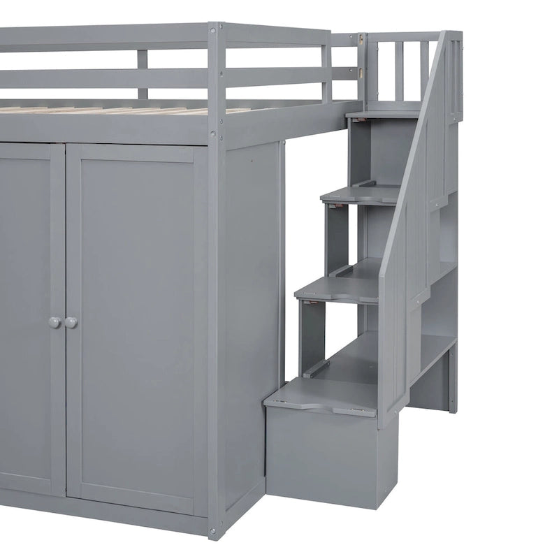 Lit mezzanine gris en bois, format double, avec penderies, tiroirs et escalier de rangement