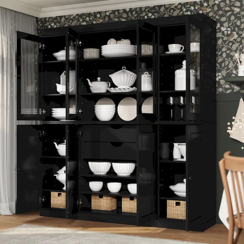 Credenza dispensa da cucina in legno massello al 100%, con ante in vetro o legno massello e kit con 2 cassetti, 65 x 71.5