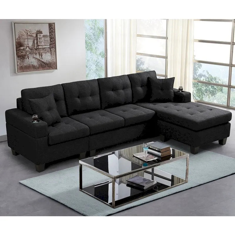 Canapé modulaire pour salon avec méridienne en forme de L et porte-gobelet
