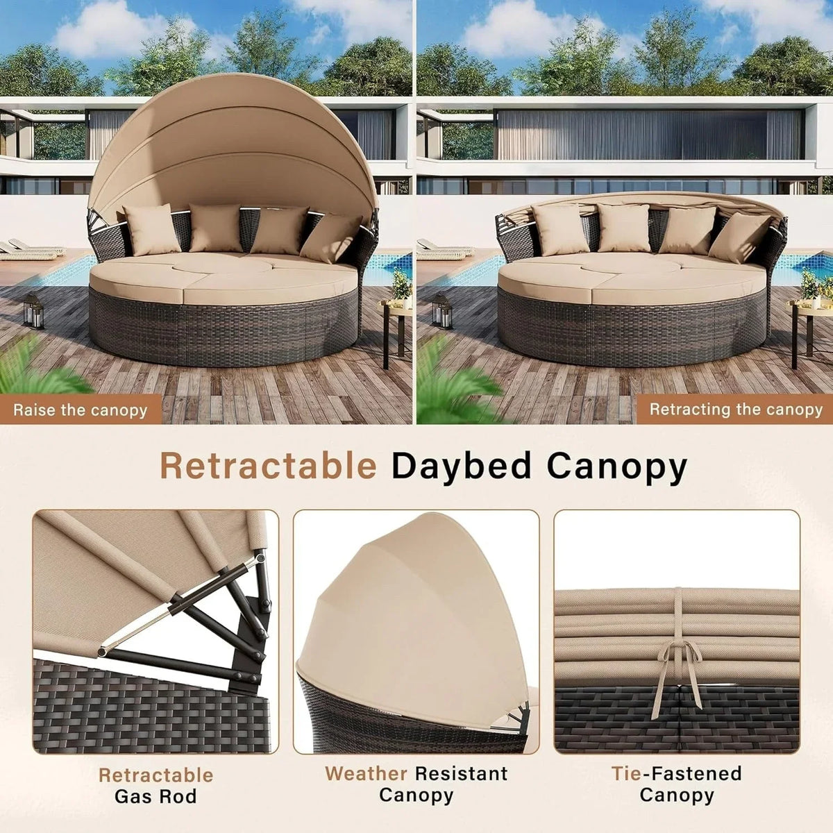 Salon de jardin Nuon 4 pièces/5 pièces avec méridienne en résine tressée et auvent, par Havenside Home