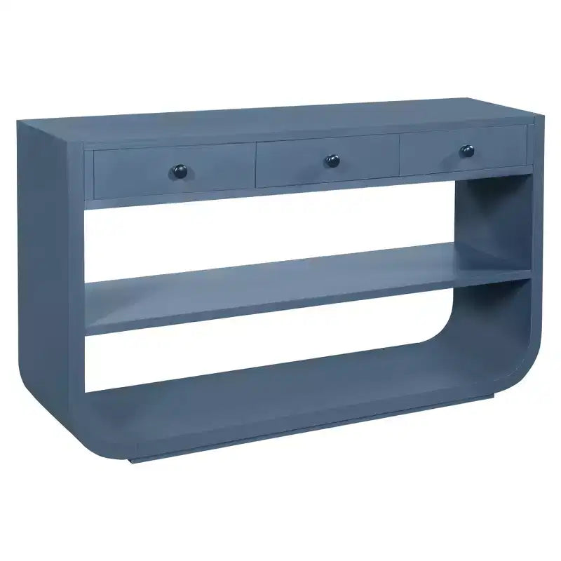 Tavolo consolle curvo ModernLuxe, tavolo d'ingresso, tavolino laterale per divano, espositore, tavolino d'accento con 3 cassetti a chiusura ammortizzata e 2 ripiani aperti