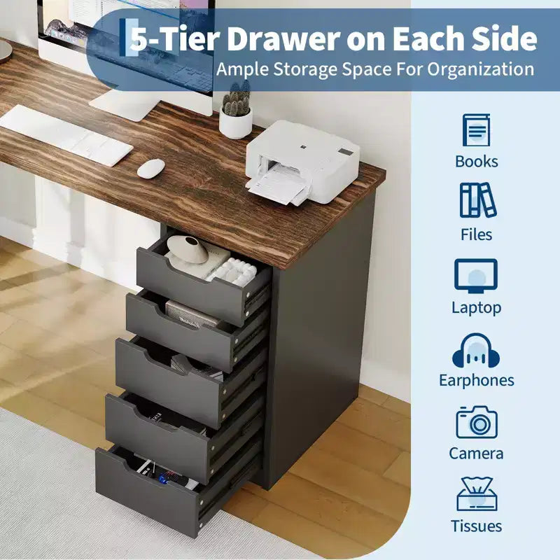 Bureau d’ordinateur de 47 pouces avec 5 tiroirs de rangement, table d’étude et d’écriture réversible au style rustique moderne, poste de travail pour bureau à domicile et petits espaces