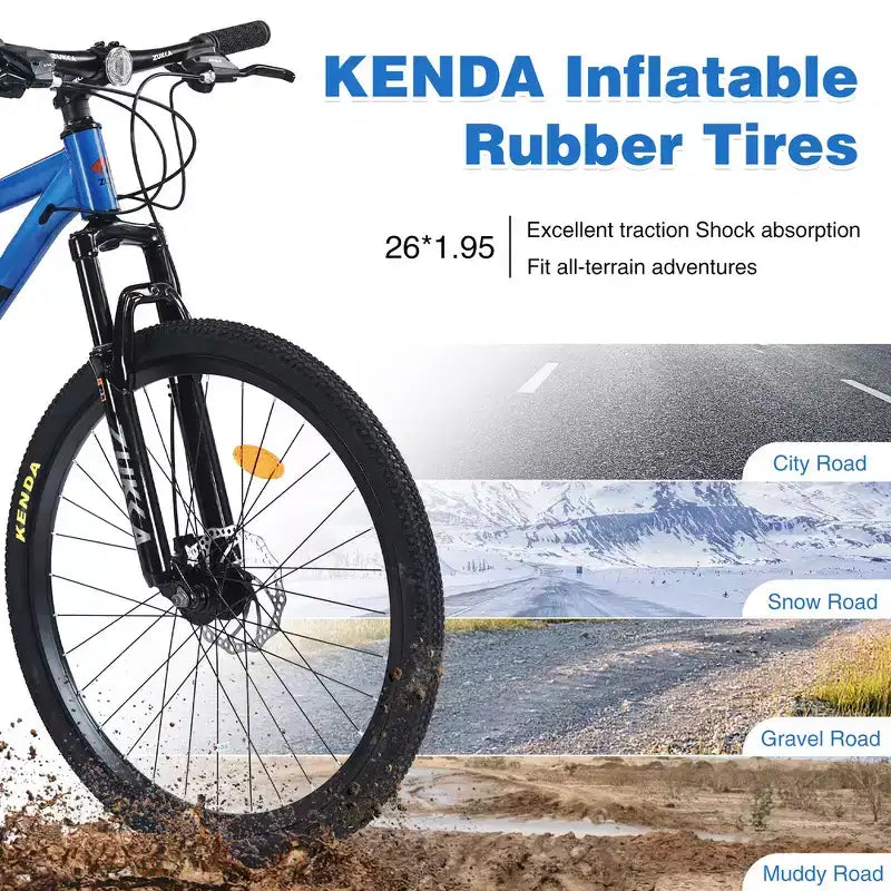 Mountain bike ammortizzata Whisen 26 con cambio posteriore a 8 velocità, forcella, pneumatici KENDA e doppi freni a disco