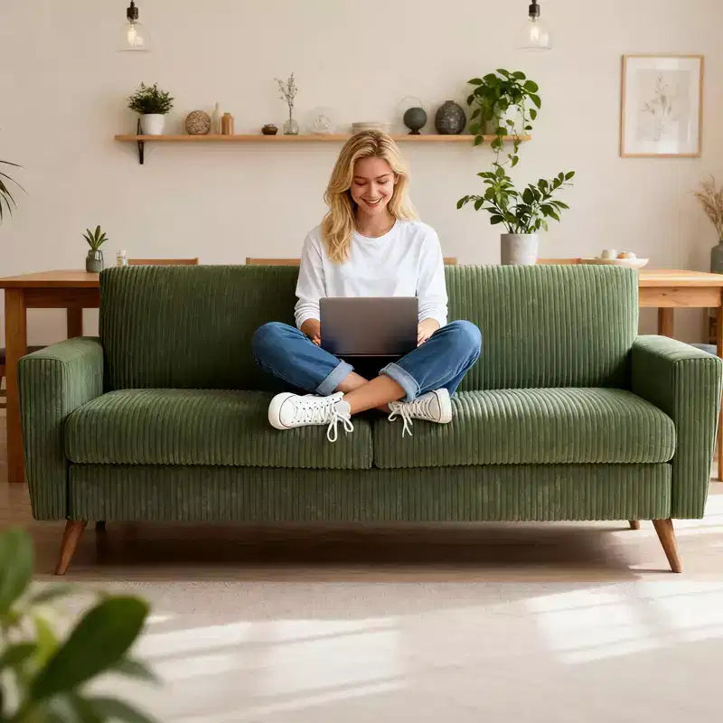 68 Mid-Century Modern Corduroy Loveseat Sofa with Spring Pad