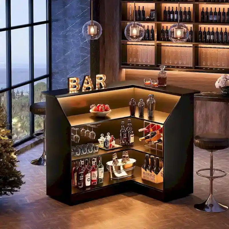 Meuble-bar en forme de L avec porte-verres à pied pour bar à domicile