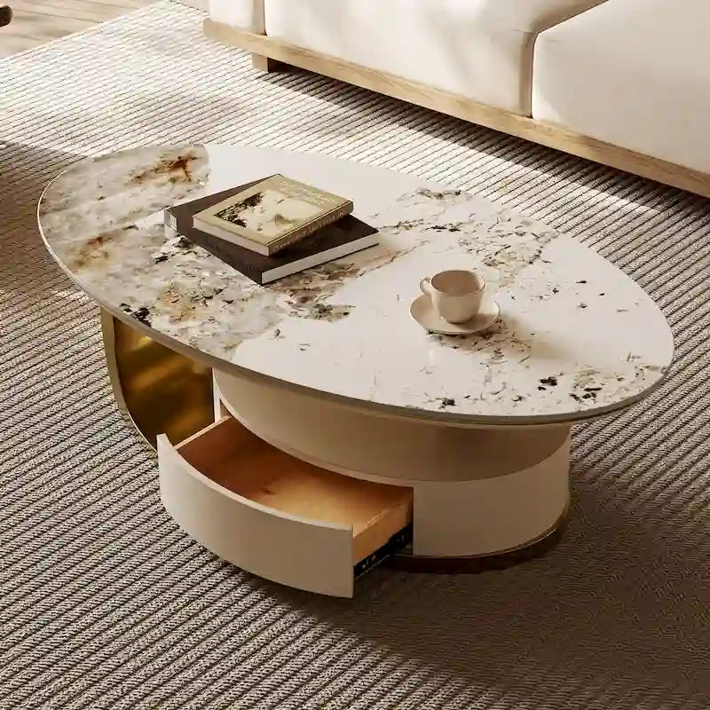 Tavolino da salotto ovale Modern Pandora 51 con piano in pietra sinterizzata lucida, tavolino di lusso con gambe in acciaio inossidabile per il soggiorno