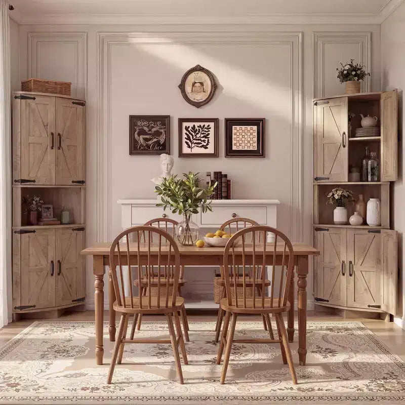 64.8 hohe Eckvitrine mit Türen, brauner Eckschrank im Landhausstil, freistehender Eck-Vorratsschrank mit verstellbaren Einlegeböden
