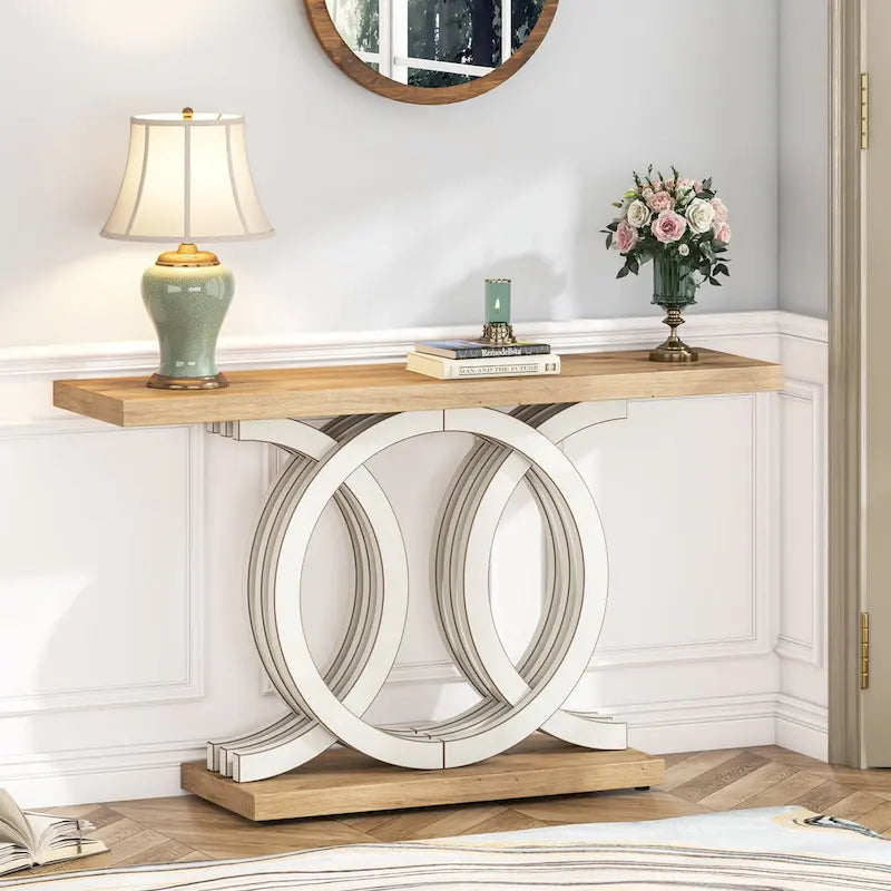 Table console vintage en bois pour couloir, avec piètement géométrique