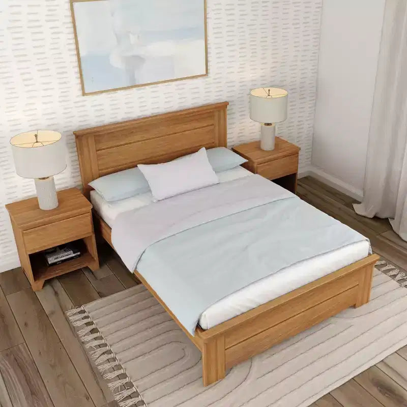 Plank+Beam landelijke bedframe in tweepersoonsformaat met hoofdbord, platformbed van massief hout