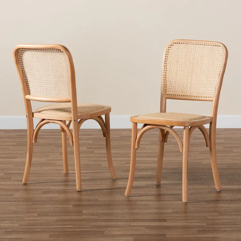 Neah, set di 2 sedie da pranzo moderne di metà secolo in legno e rattan intrecciato