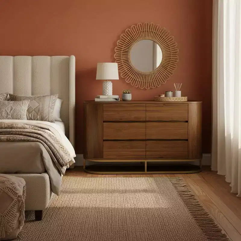 Commode moderne à 6 tiroirs avec bord naturel, piètement en métal et structure durable en bois mixte