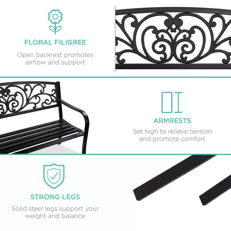 Best Choice Products Gartenbank aus Stahl für Terrasse und Veranda mit floral gestaltetem Rückenteil