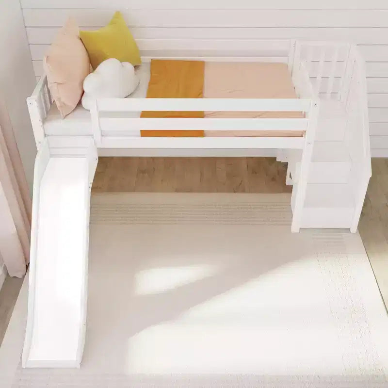 Letto a soppalco basso singolo per bambini con scivolo e scale, in legno massello, 14 sponde di sicurezza, capacità di 400 lb