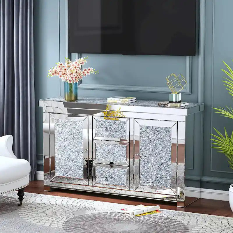 Credenza decorativa glam a specchio con motivo a rombi e 3 cassetti