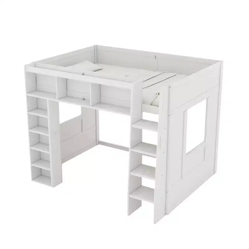 Struttura letto a soppalco in legno Whisen Queen Size con armadietti e ripiani contenitori