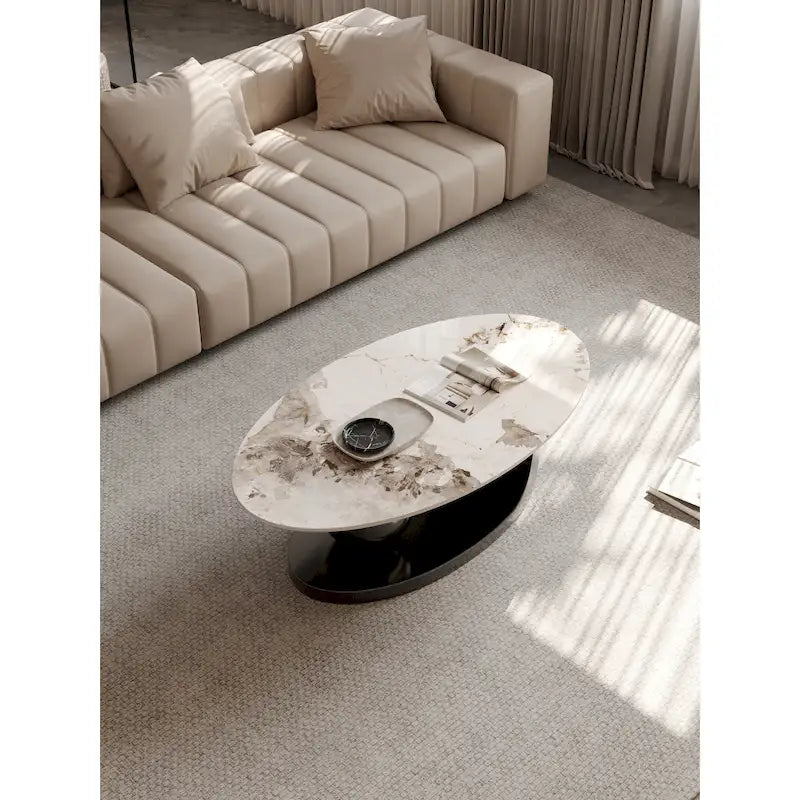 Tavolino da salotto ovale Modern Pandora 51 con piano in pietra sinterizzata lucida, tavolino di lusso con gambe in acciaio inossidabile per il soggiorno